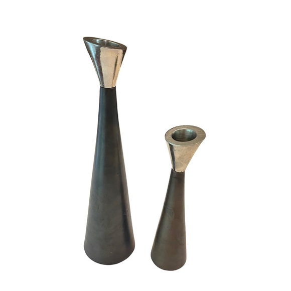 Vintage MCM Brutalist Metal Candlestick Holders Silver Asymmetrical Simple - Picture 2 of 4